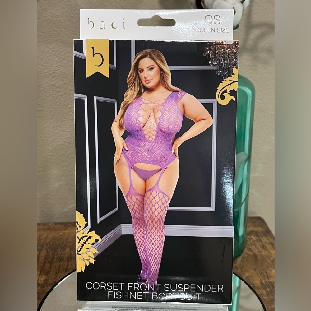 Baci Corset Front Suspender Fishnet Bodystocking in purple, new!